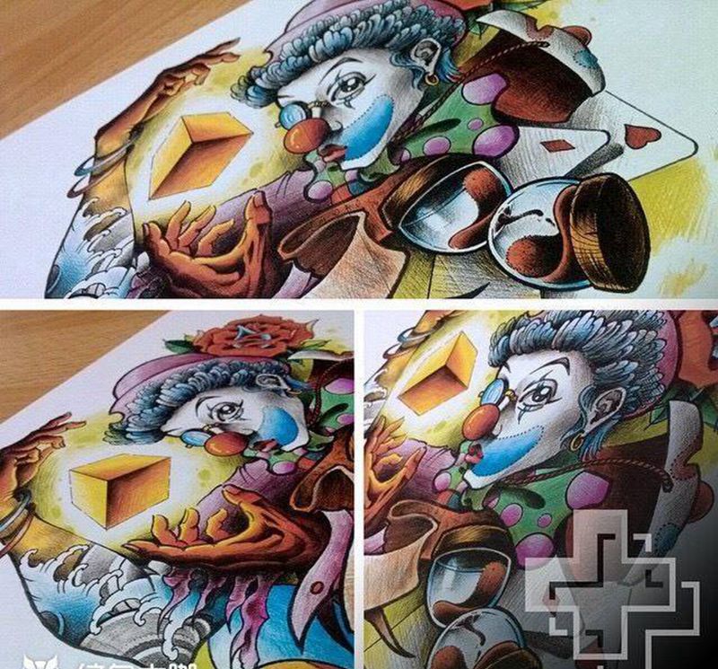小丑纹身图片_手稿胸部腰部背部手臂腿部欧美人物原创纹身图案