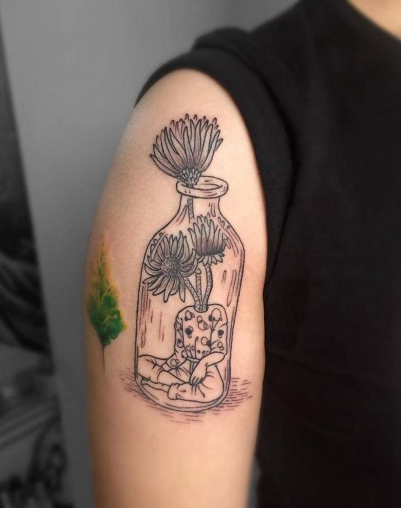 菊头人纹身图片_成品手臂清新植物人物静物纹身图案