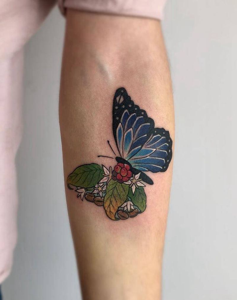 咖啡与蝴蝶纹身图片_手臂New School纹身图案