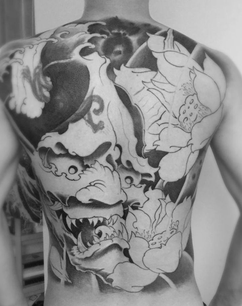 般若莲花纹身图片_成品背部传统植物鬼神原创纹身图案