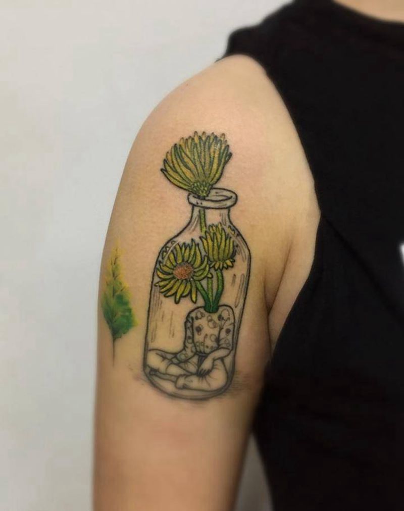 彩妆菊头人纹身图片_成品手臂清新欧美植物静物纹身图案