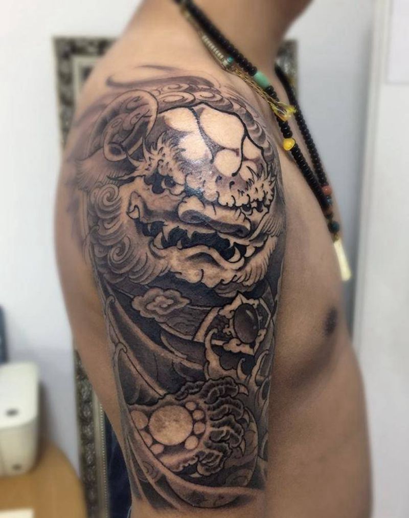 唐狮纹身图片_手臂新传统纹身图案
