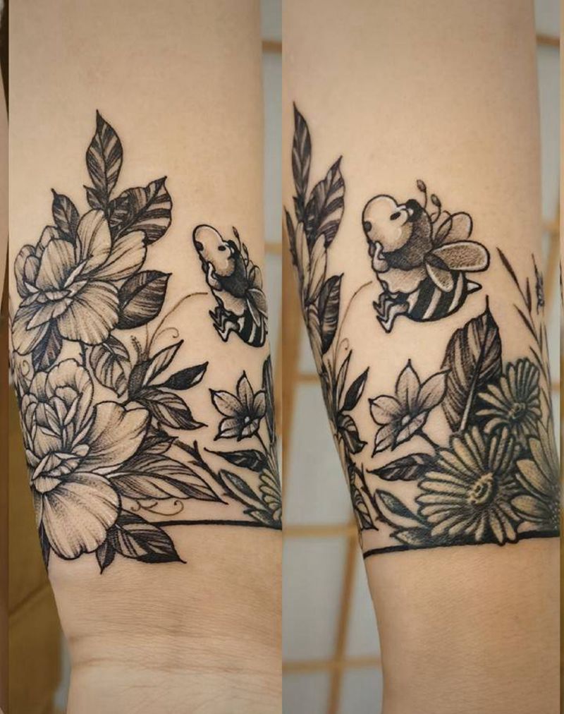 素花纹身图片_手臂欧美写实点刺纹身图案