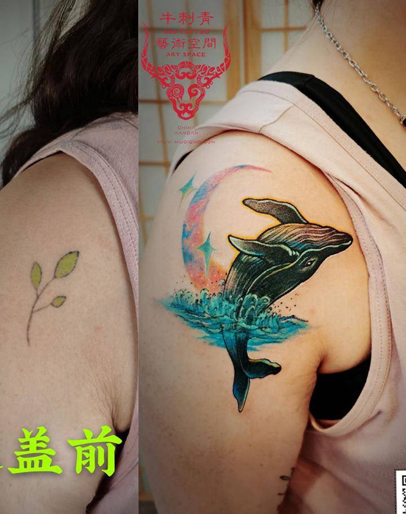 鲸纹身图片_手臂肩部水彩纹身图案