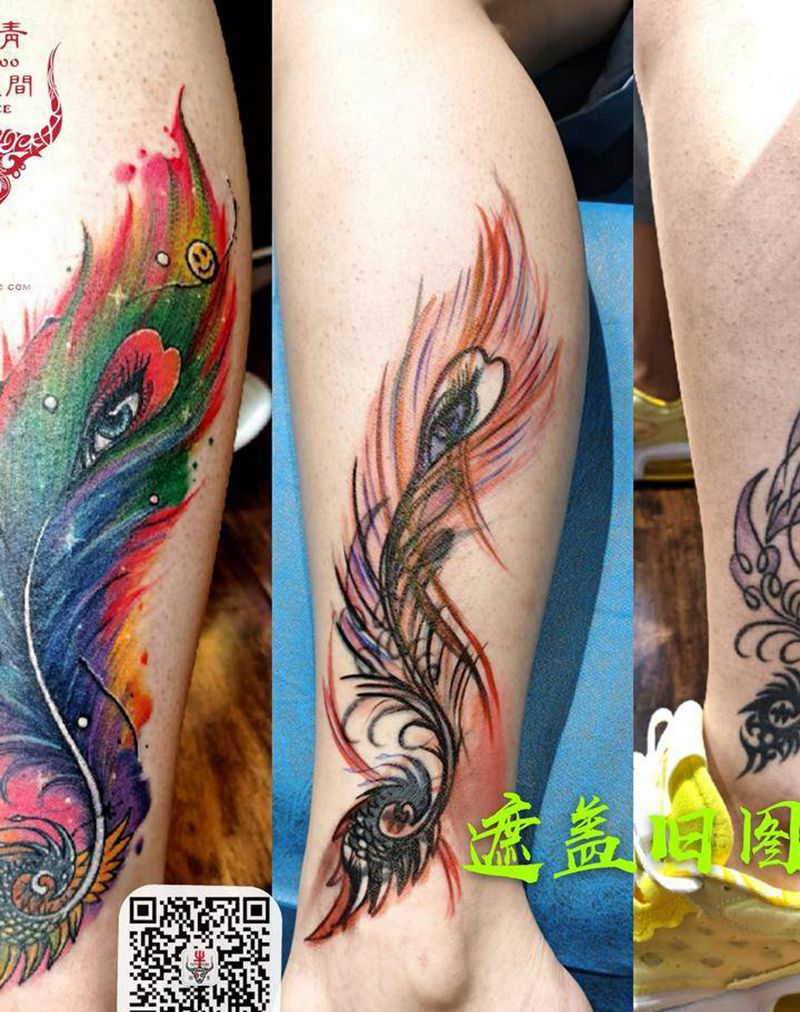 羽毛纹身图片_腿部水彩纹身图案