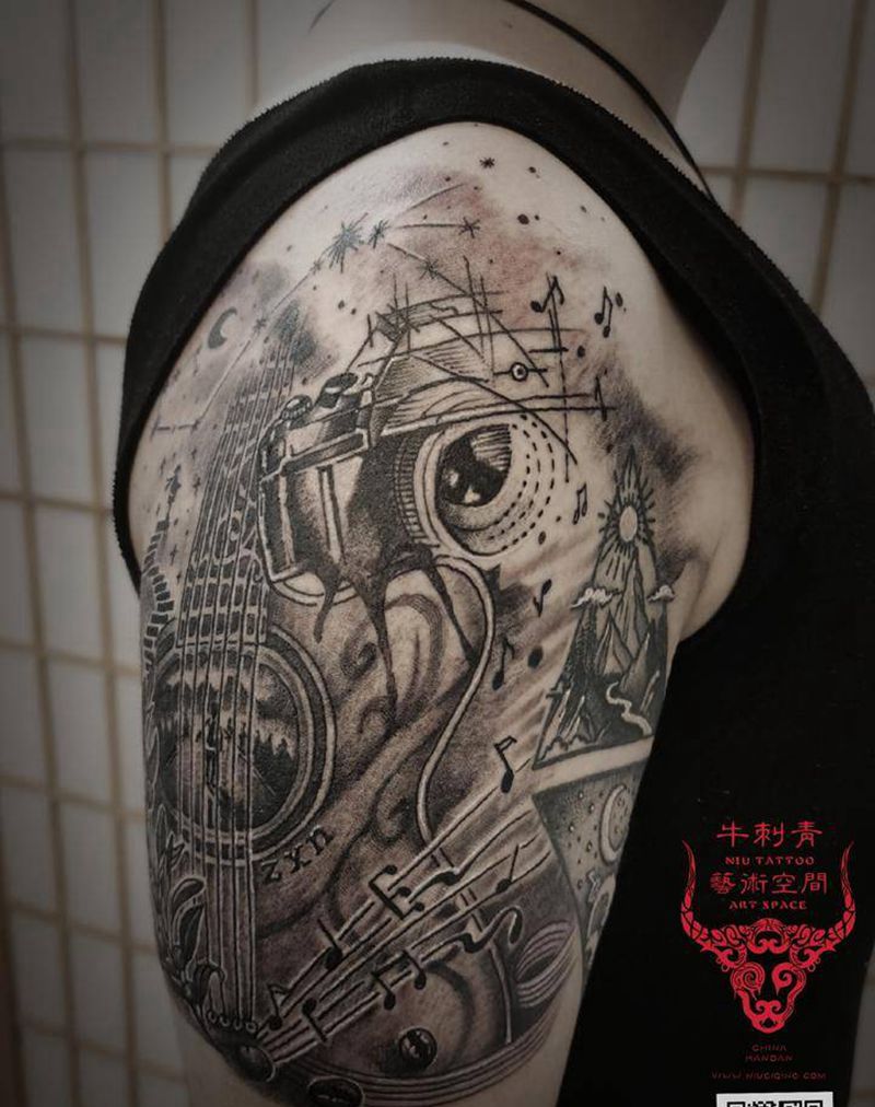 多元素结合纹身图片_手臂欧美写实纹身图案