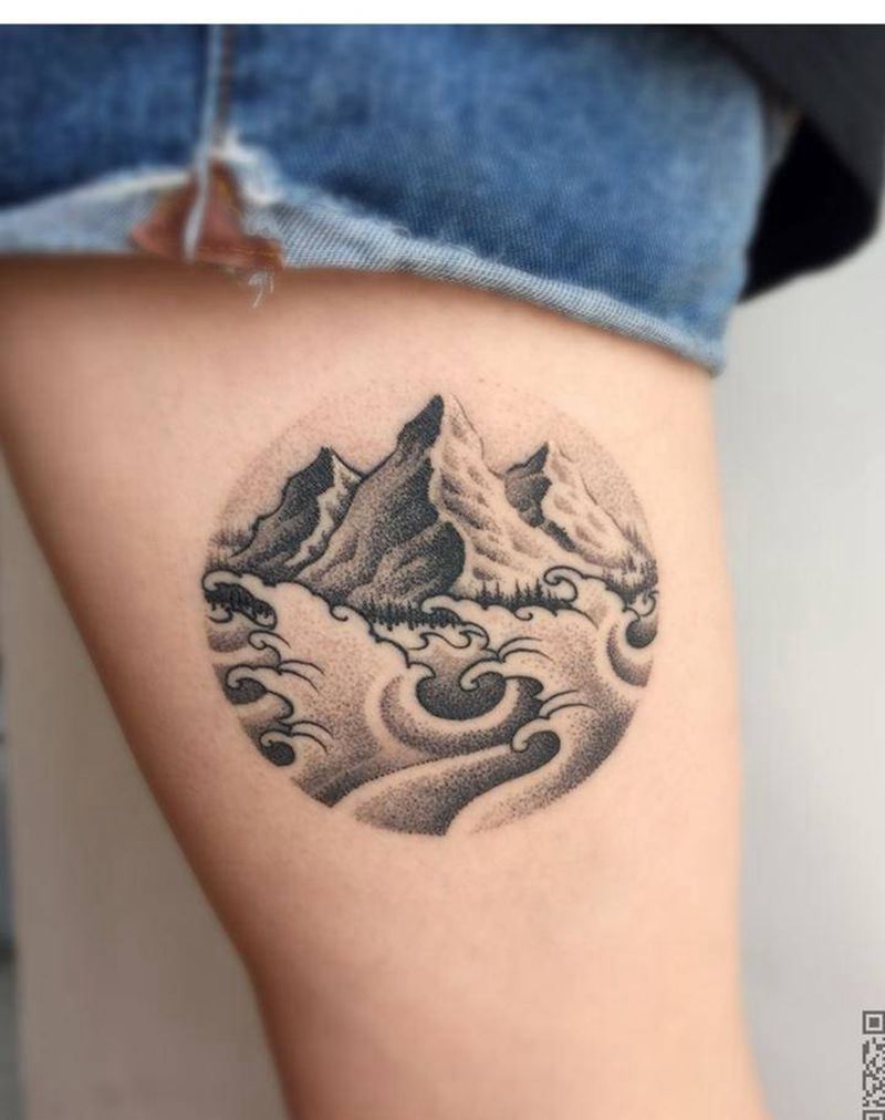 山与海纹身图片_成品腿部清新静物原创纹身图案