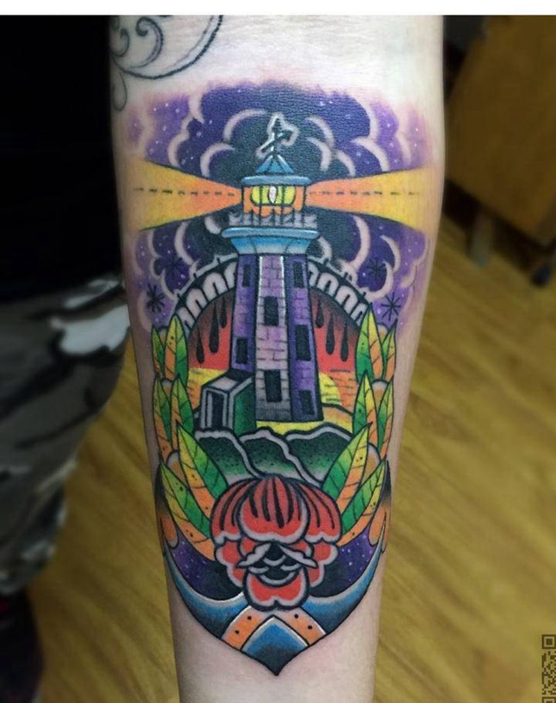 灯塔纹身图片_成品手臂欧美静物植物纹身图案