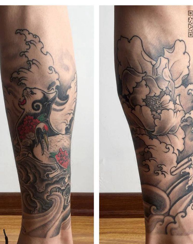 猫咪和牡丹纹身图片_成品腿部传统动物植物纹身图案
