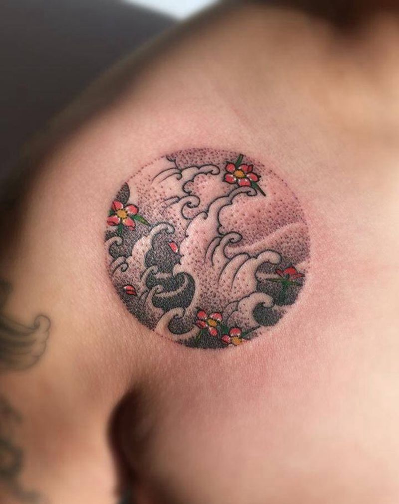 海浪、怪石纹身图片_成品胸部传统清新植物静物图腾原创纹身图案