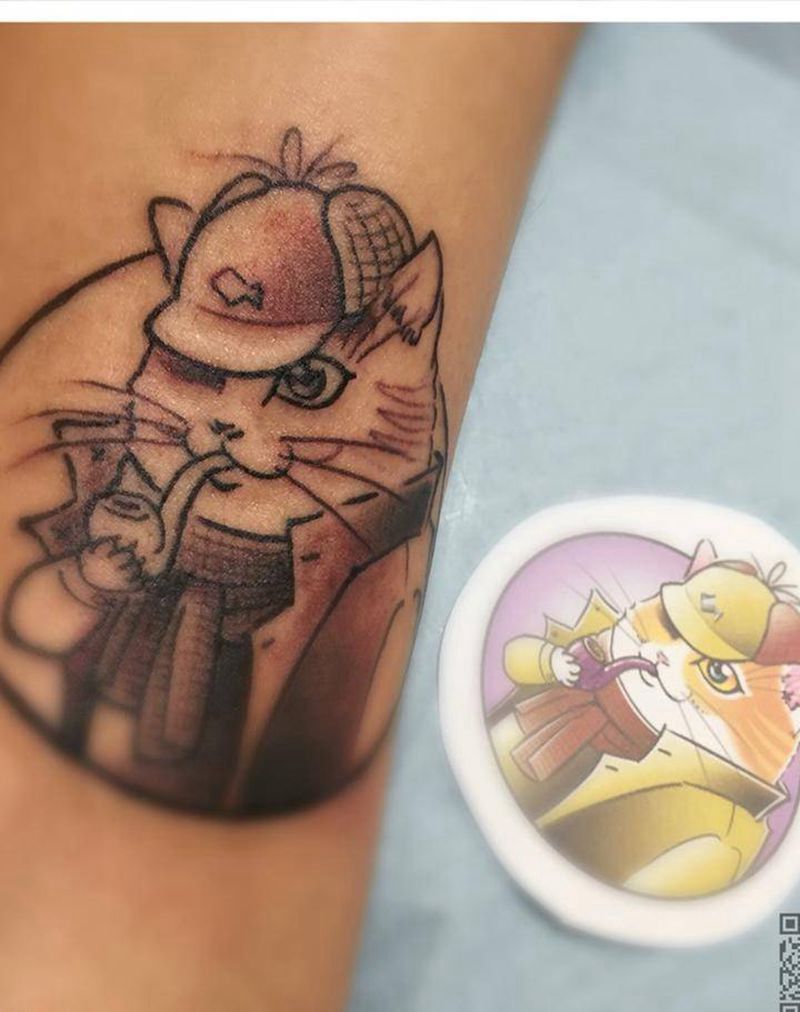 侦探猫纹身图片_成品腿部清新欧美动物原创纹身图案
