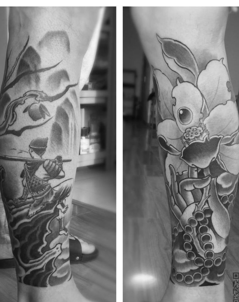 悠闲孙悟空纹身图片_成品腿部传统清新植物鬼神静物原创纹身图案