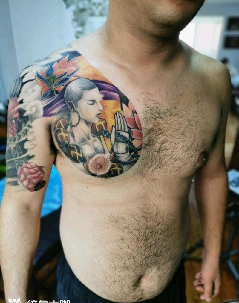 达摩，猴子纹身图片_胸部肩部老传统新传统猴子，佛纹身图案