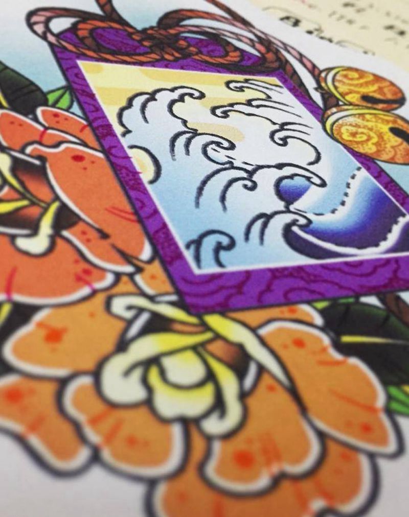 御守 玫瑰 铃铛纹身图片_手稿插画传统欧美清新静物植物原创纹身图案