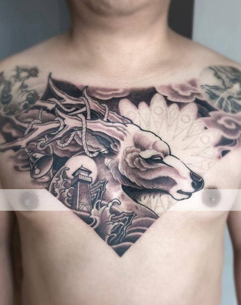 鹿与灯塔纹身图片_胸部新传统New School纹身图案