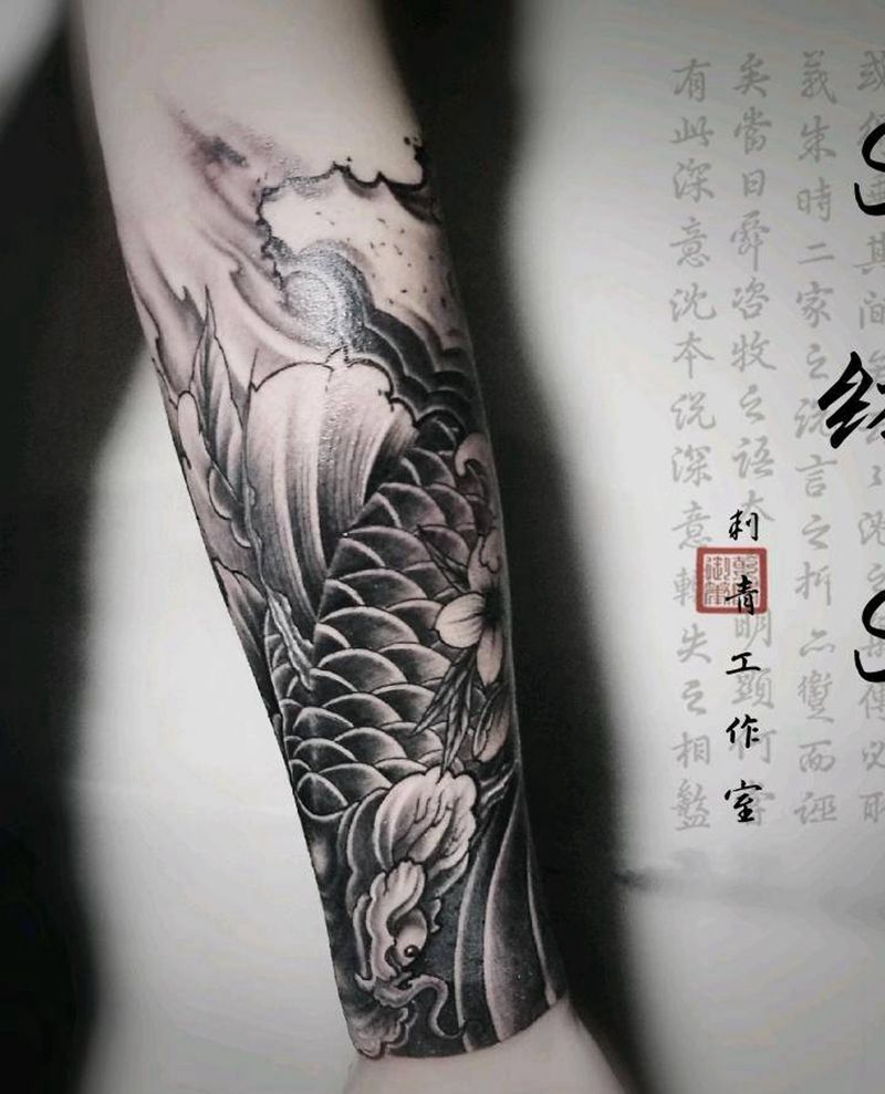 鲤鱼牡丹，纹身图片