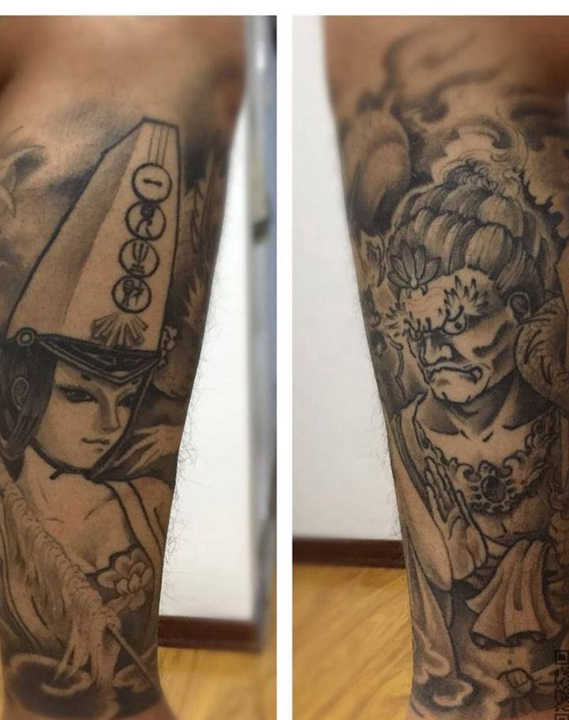 白无常和不动明王纹身图片_成品腿部传统清新鬼神原创纹身图案