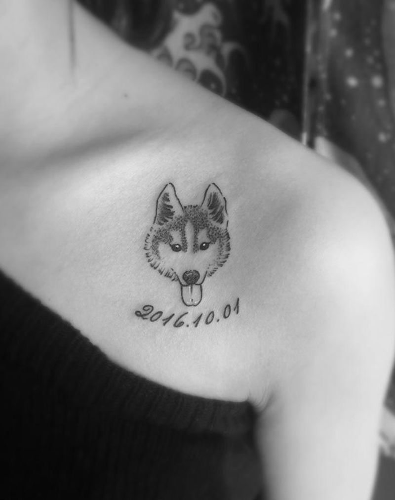 二哈纹身图片_成品胸部清新动物原创纹身图案