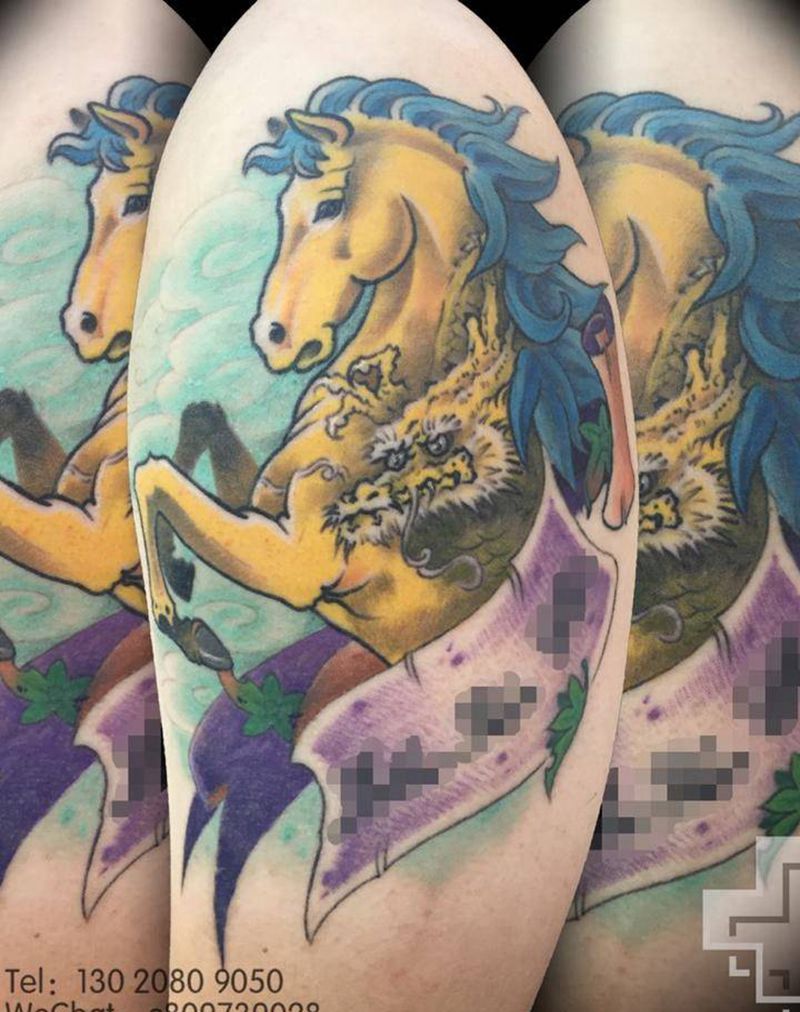 马与龙纹身图片_成品手臂欧美动物字符植物原创纹身图案