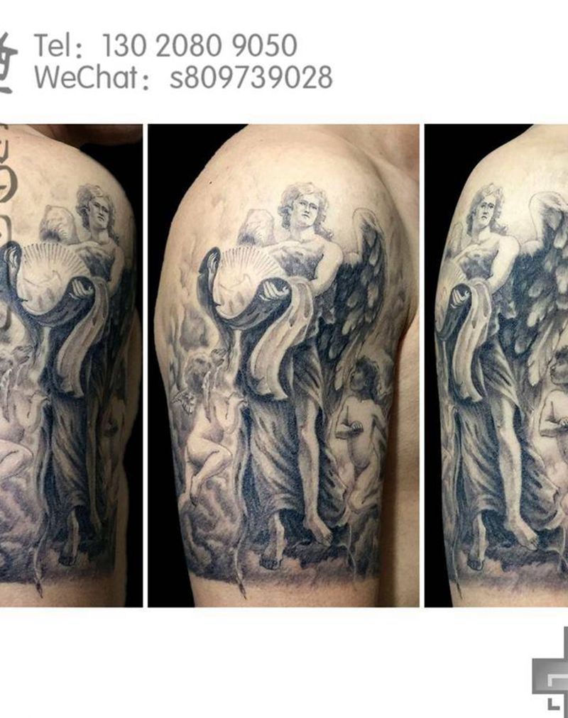 天使纹身图片_成品手臂写实人物宗教原创纹身图案