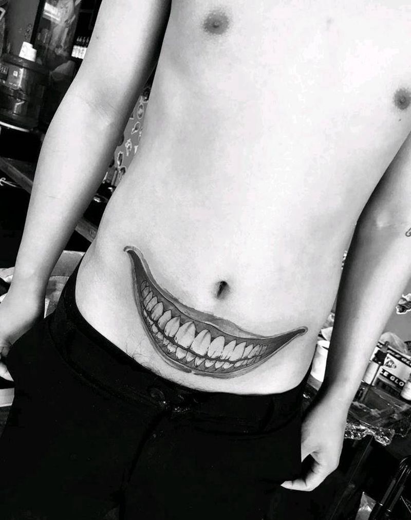 小丑大嘴纹身图片_腹部新传统Old School纹身图案