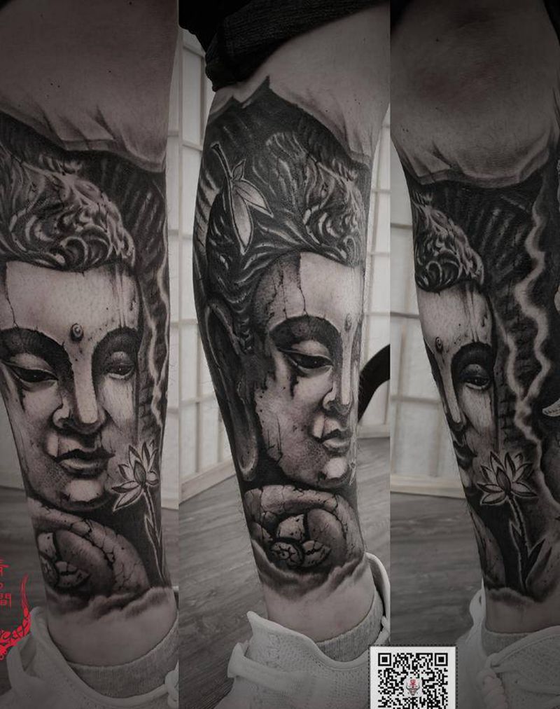 石雕效果纹身图片_腿部欧美写实纹身图案
