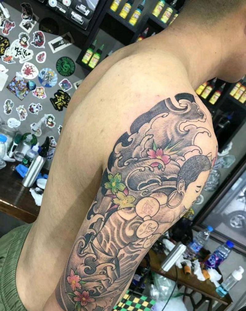 花和尚配山水风景纹身图片_胸部肩部新传统老传统纹身图案