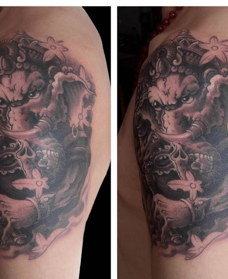 象神纹身图片_成品手臂清新宗教植物鬼神动物纹身图案