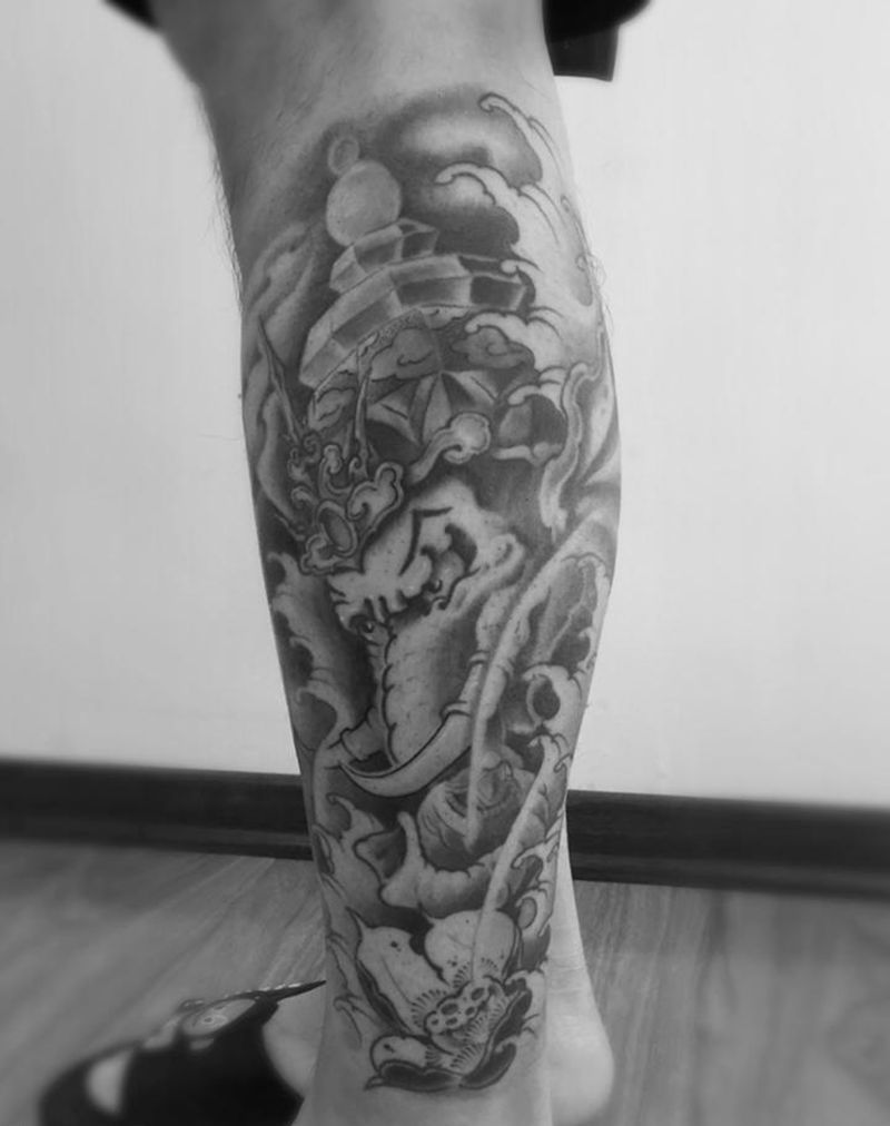 象神纹身图片_成品腿部传统清新鬼神原创纹身图案