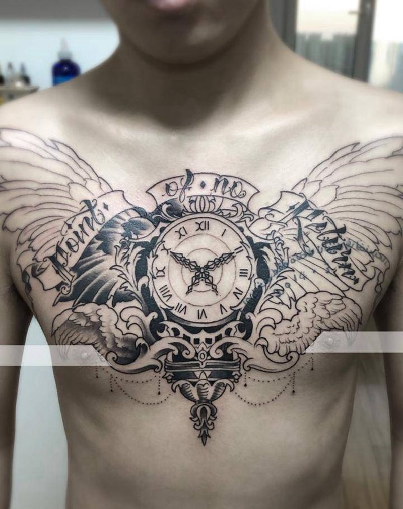 时钟翅膀纹身图片_胸部New School纹身图案