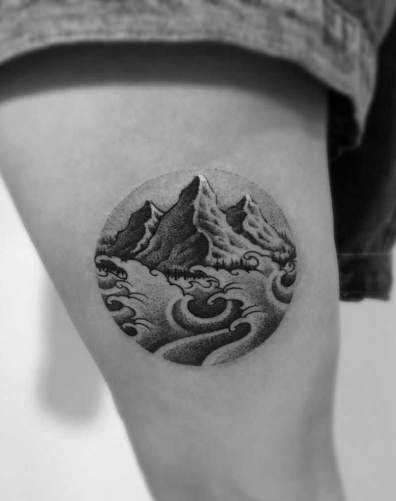 山与海纹身图片_成品腿部清新静物图腾原创纹身图案