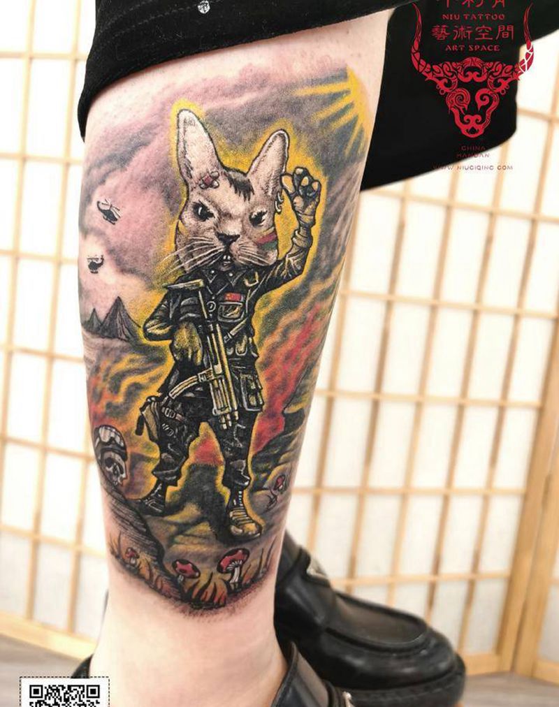 兔子士兵纹身图片_腿部欧美写实New School纹身图案