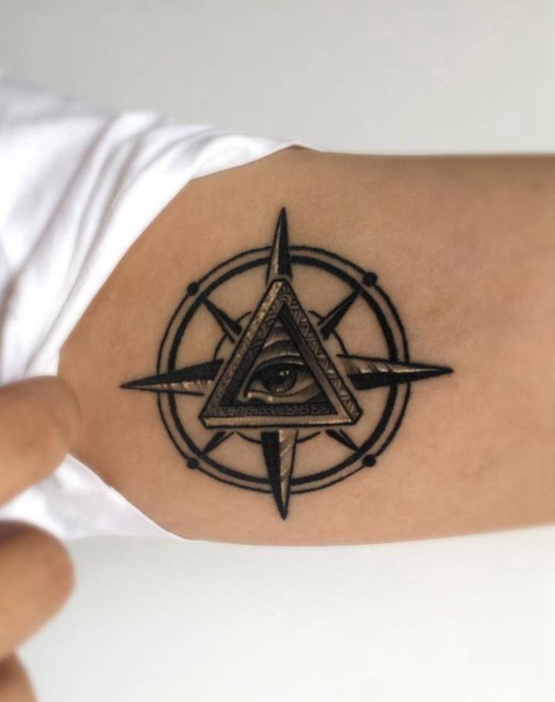 全知之眼+罗盘纹身图片_成品手臂欧美清新静物原创纹身图案