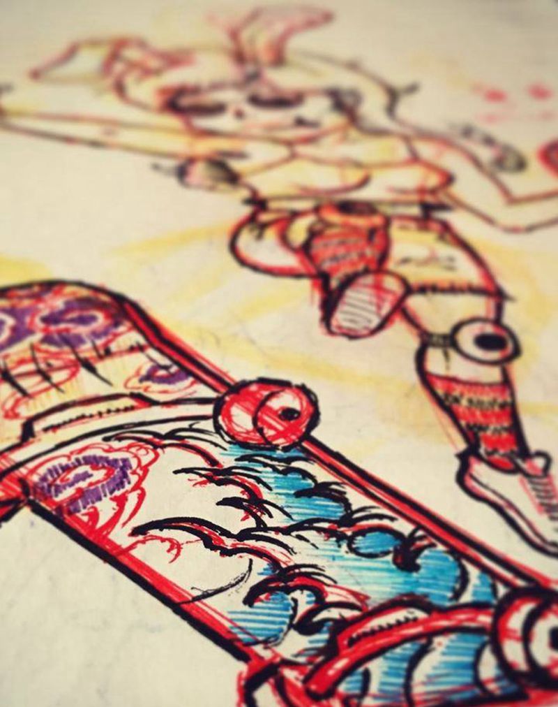 滑板少女纹身图片_手稿手臂腿部欧美清新人物静物原创纹身图案