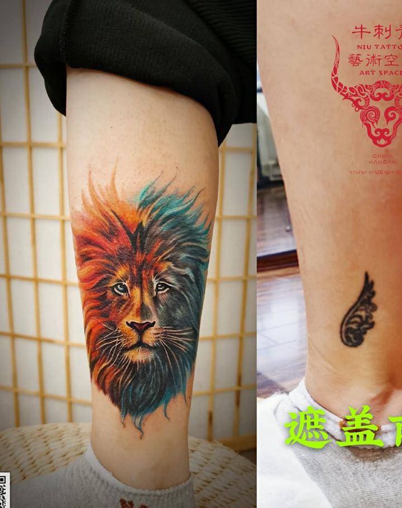 狮子纹身图片_腿部水彩欧美写实纹身图案