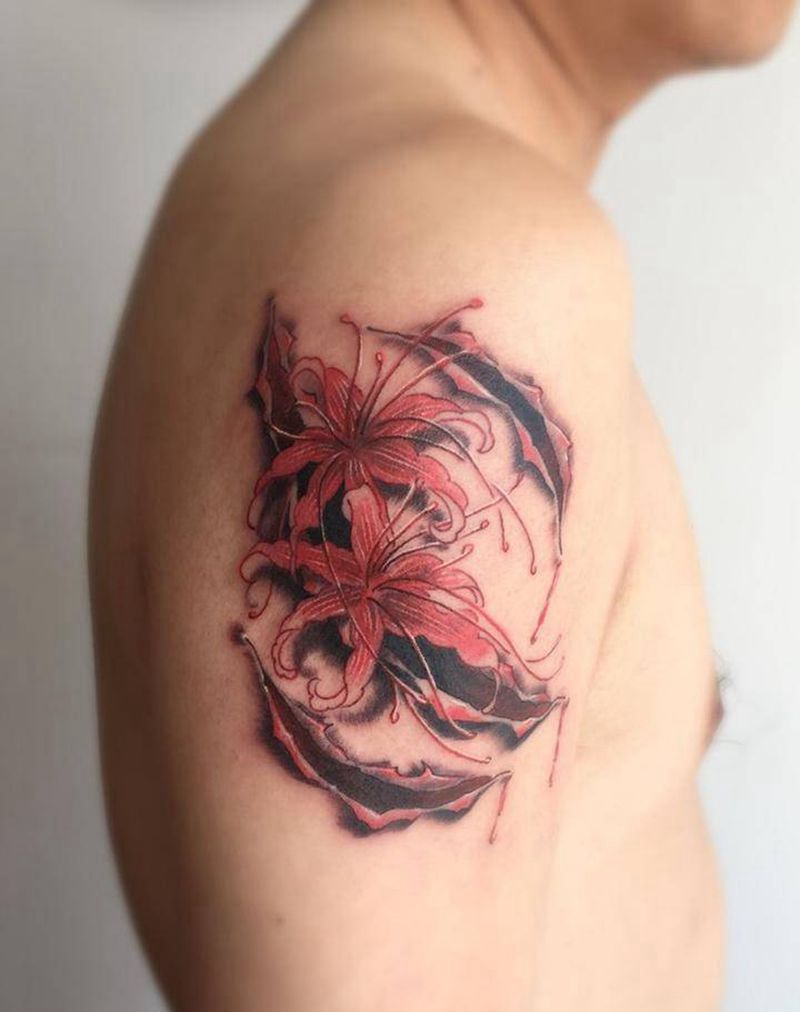 彼岸花纹身图片_成品手臂欧美写实植物纹身图案