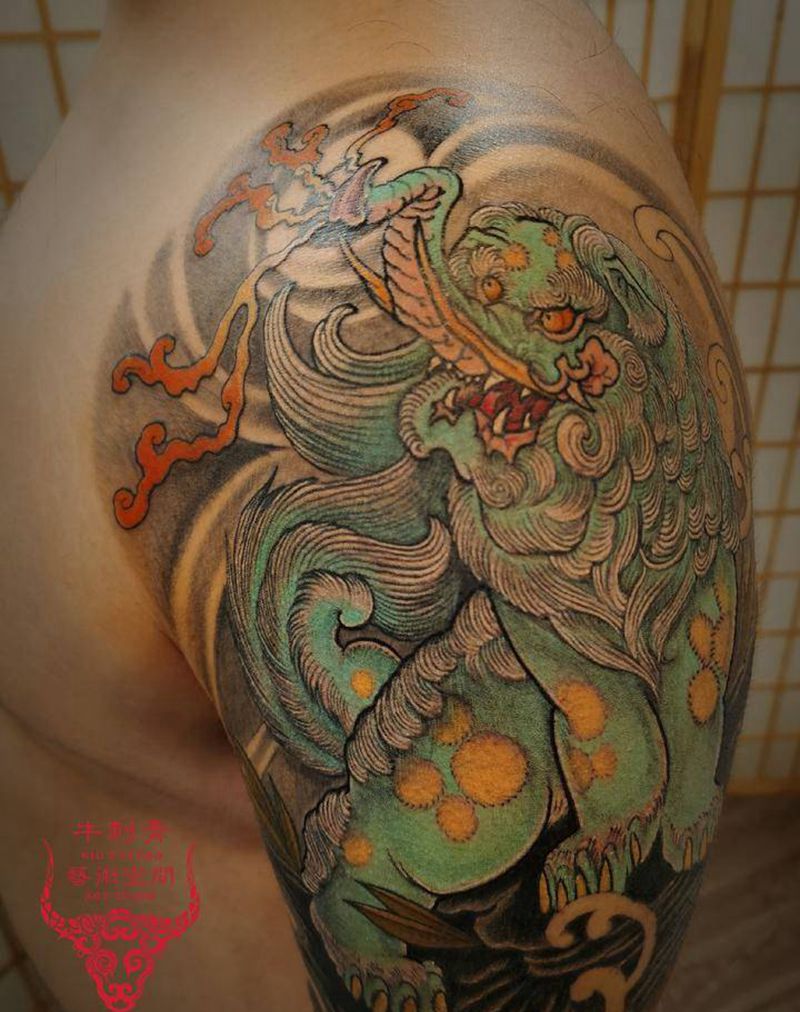 象鼻狮纹身图片_手臂新传统老传统纹身图案