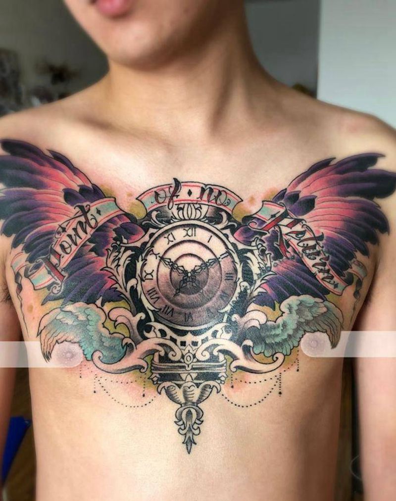 时钟翅膀纹身图片_胸部New School纹身图案