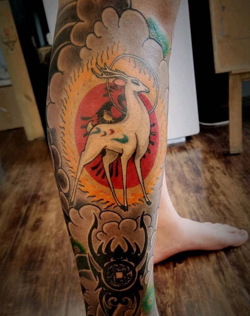 福禄寿纹身图片_腿部老传统新传统纹身图案