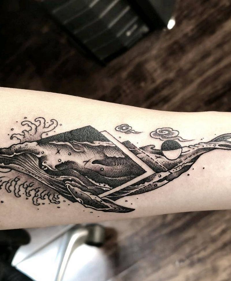 鲸鱼纹身图片_手臂点刺几何纹身图案