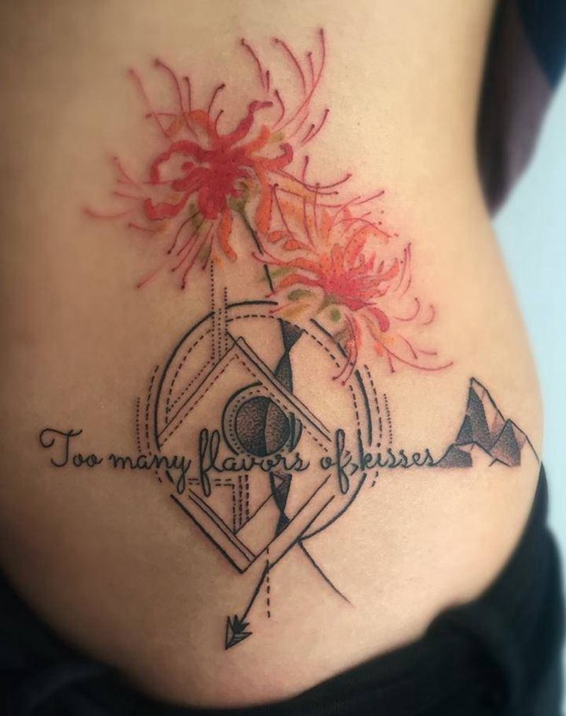 手稿上身纹身图片_成品手稿腰部欧美清新几何字符植物图腾原创纹身图案