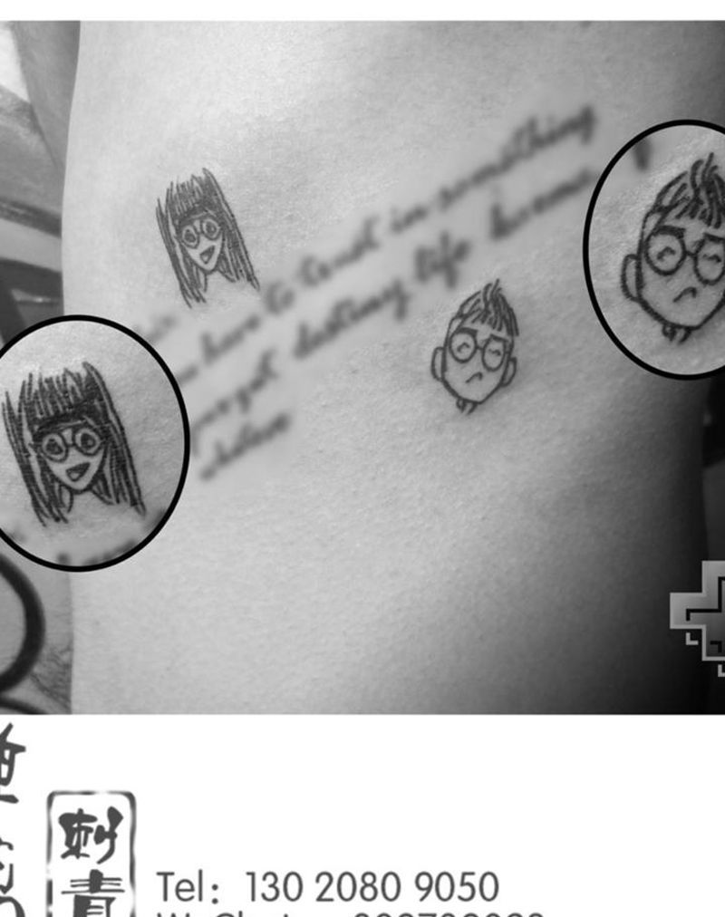 简笔画情侣纹身纹身图片_成品腰部清新人物情侣纹身图案