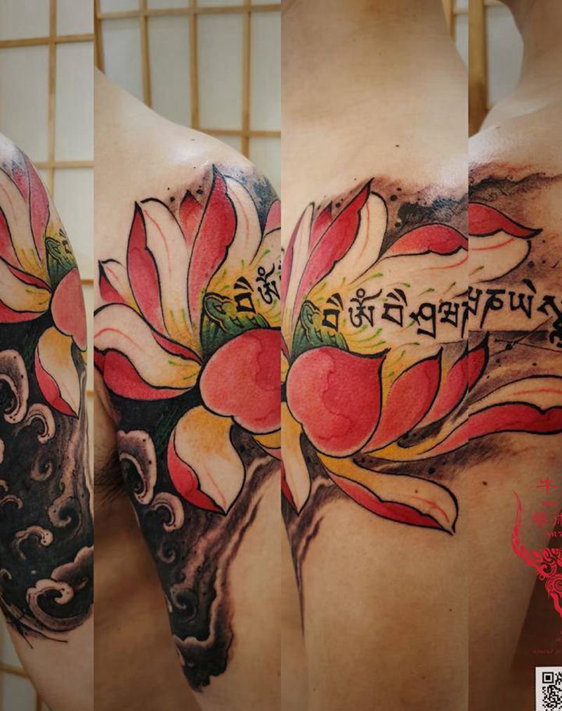 荷花纹身图片_手臂新传统纹身图案