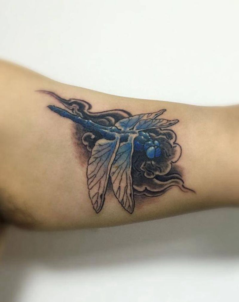 蜻蜓纹身图片_成品手臂传统清新动物纹身图案