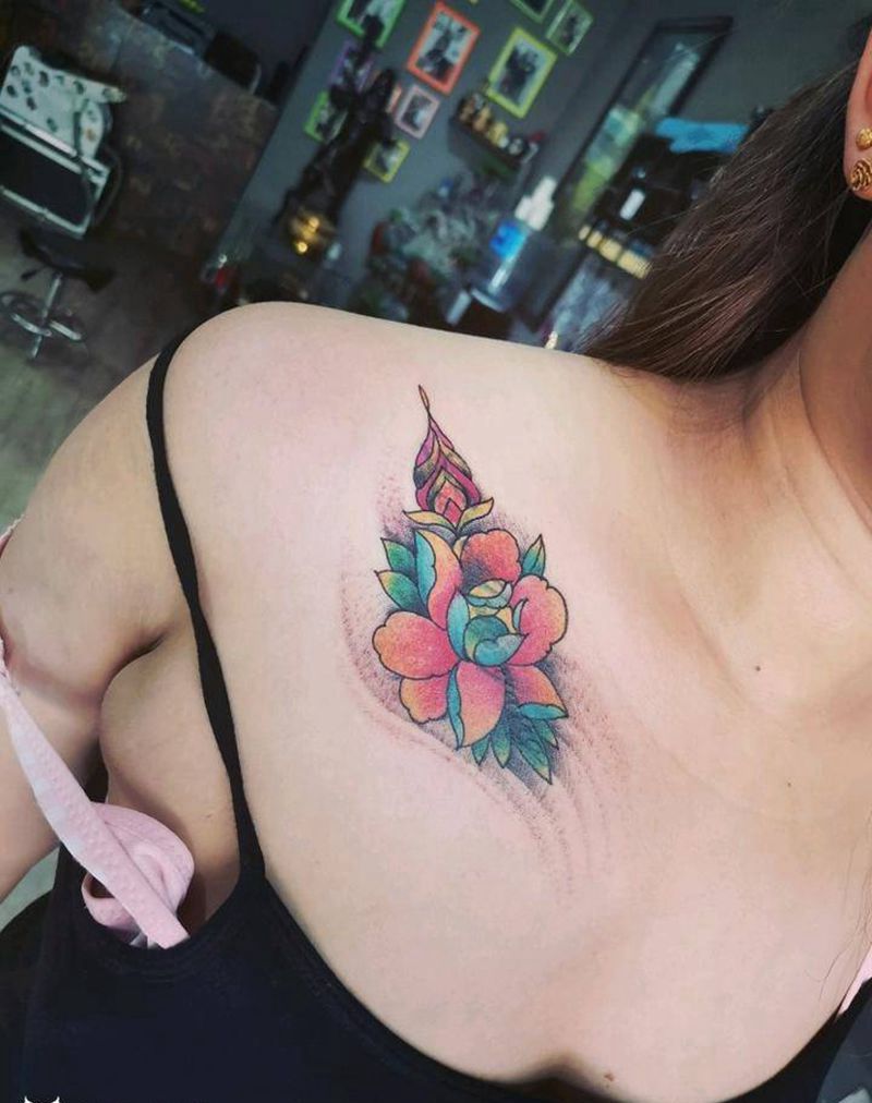 小花遮盖纹身图片_胸部新传统Old School纹身图案