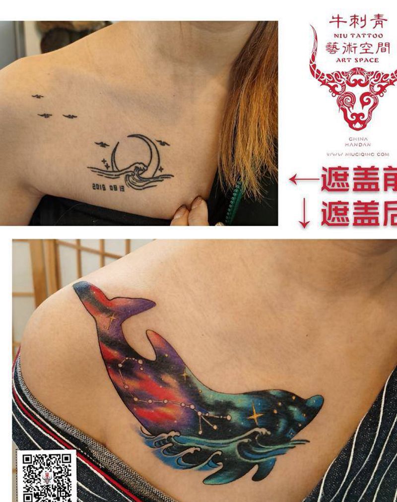 海豚纹身图片_胸部水彩纹身图案