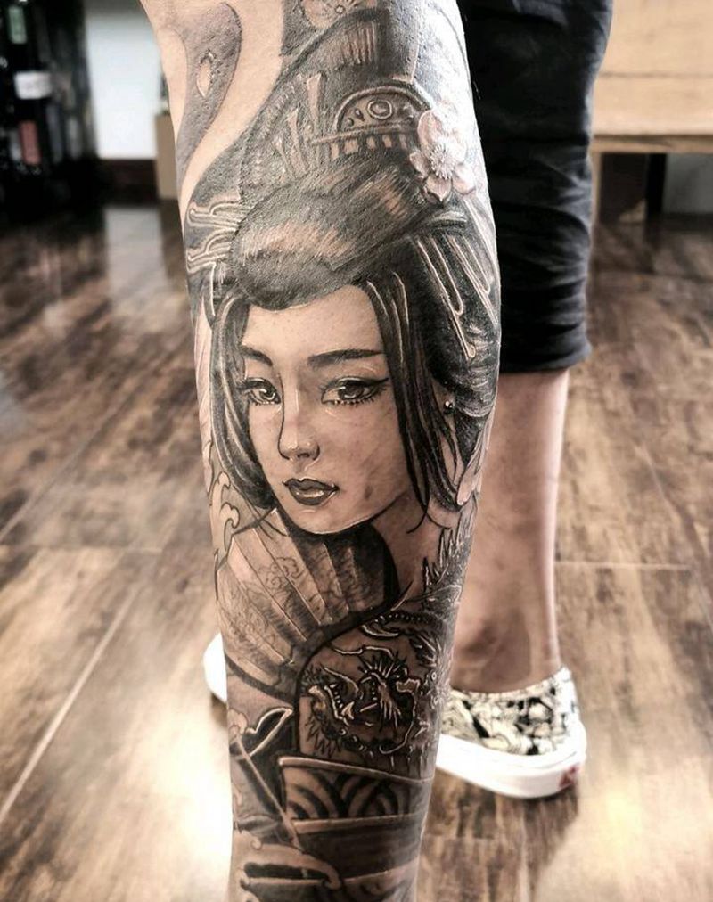 包小腿纹身图片_腿部新传统纹身图案