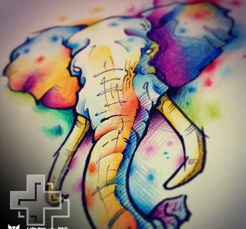 水彩泼墨大象纹身图片_手稿肩部胸部腰部背部手臂腿部清新动物原创纹身图案