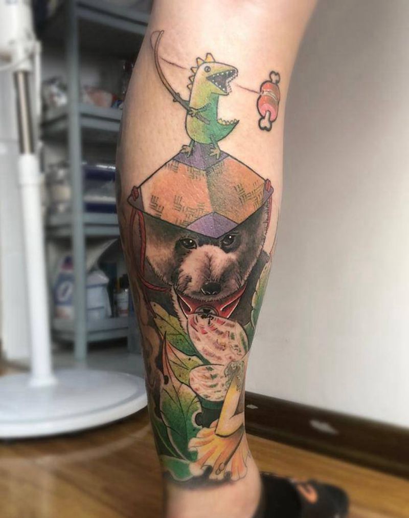 狗隐士纹身图片_腿部New School纹身图案