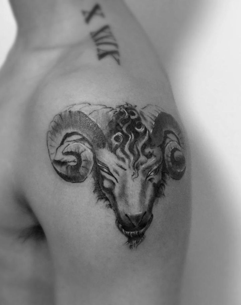 咩纹身图片_成品肩部清新写实动物纹身图案